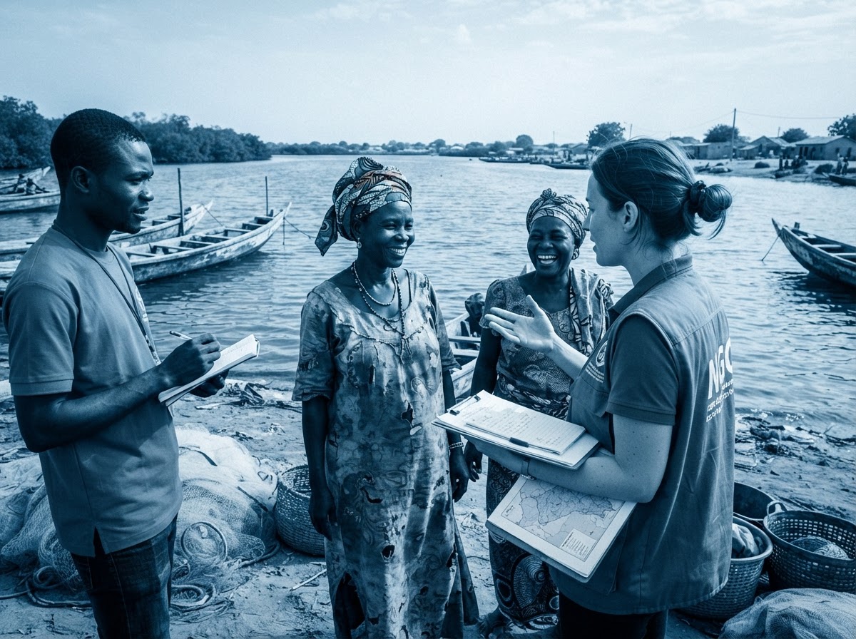 NGO field staff talking with local fisherwomen at a lagoon landing site
