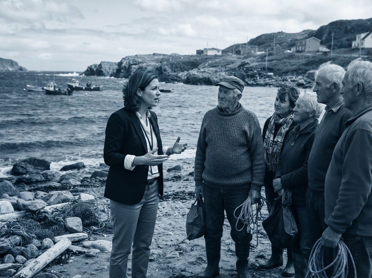 A government official speaking with fishers on a rocky shoreline